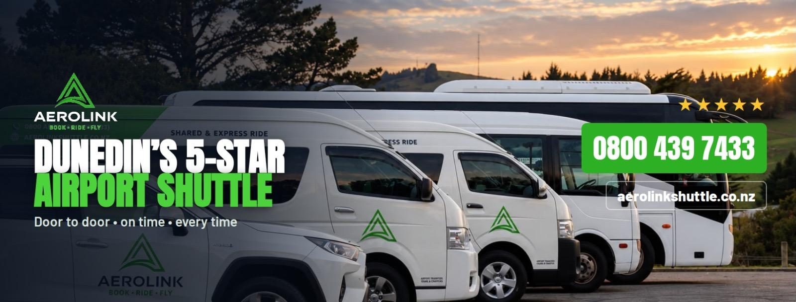 Dunedin's 5-star airport shuttle - door to door, on time, every time - Aerolink fleet