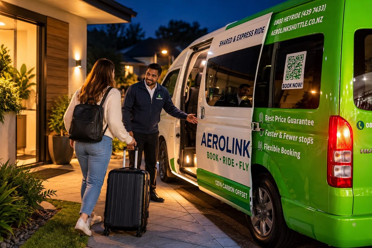 Aerolink driver opening the van door for a passenger at night