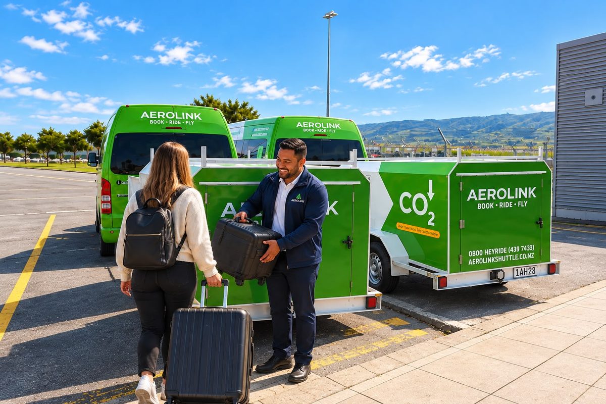 Aerolink driver helping a passenger load luggage into the trailer